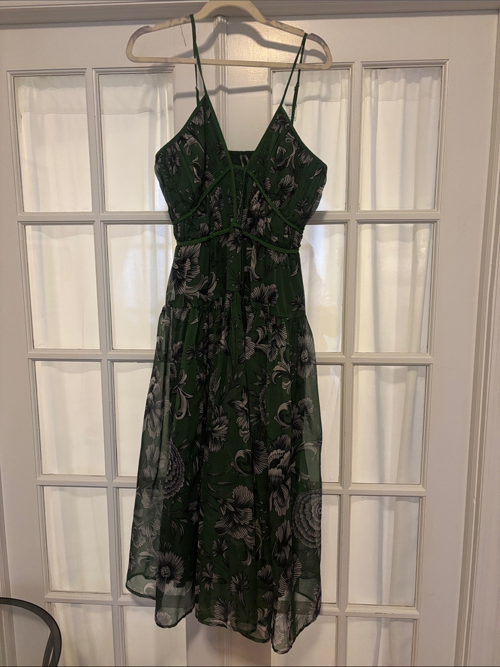 Anthropologie Green Floral Spaghetti-Strap Midi Dress with Black Print